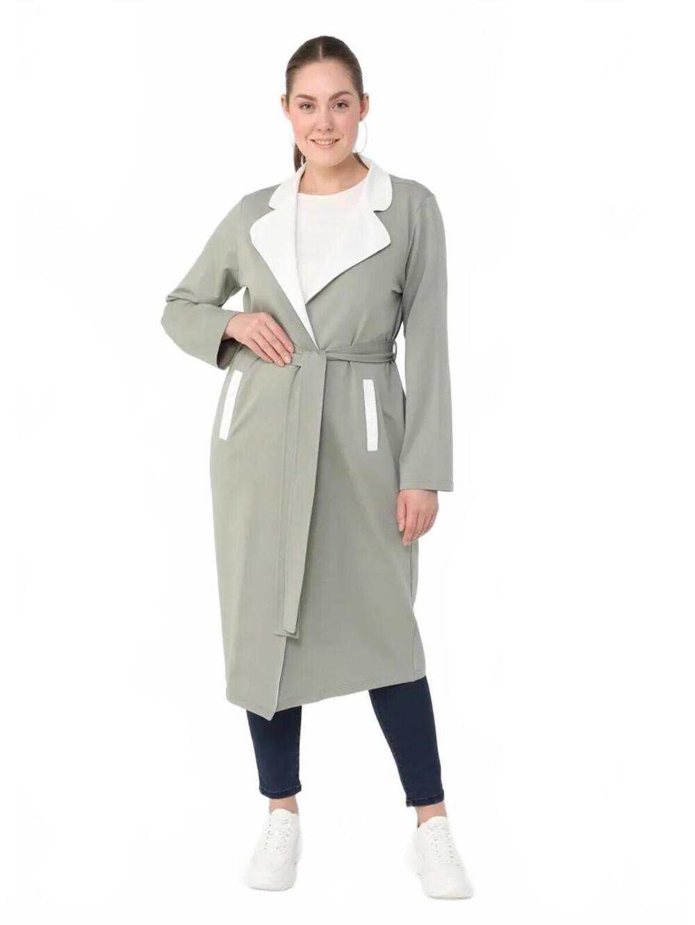 Women's Long Belted Coat with Contrasting Collar and Pocket